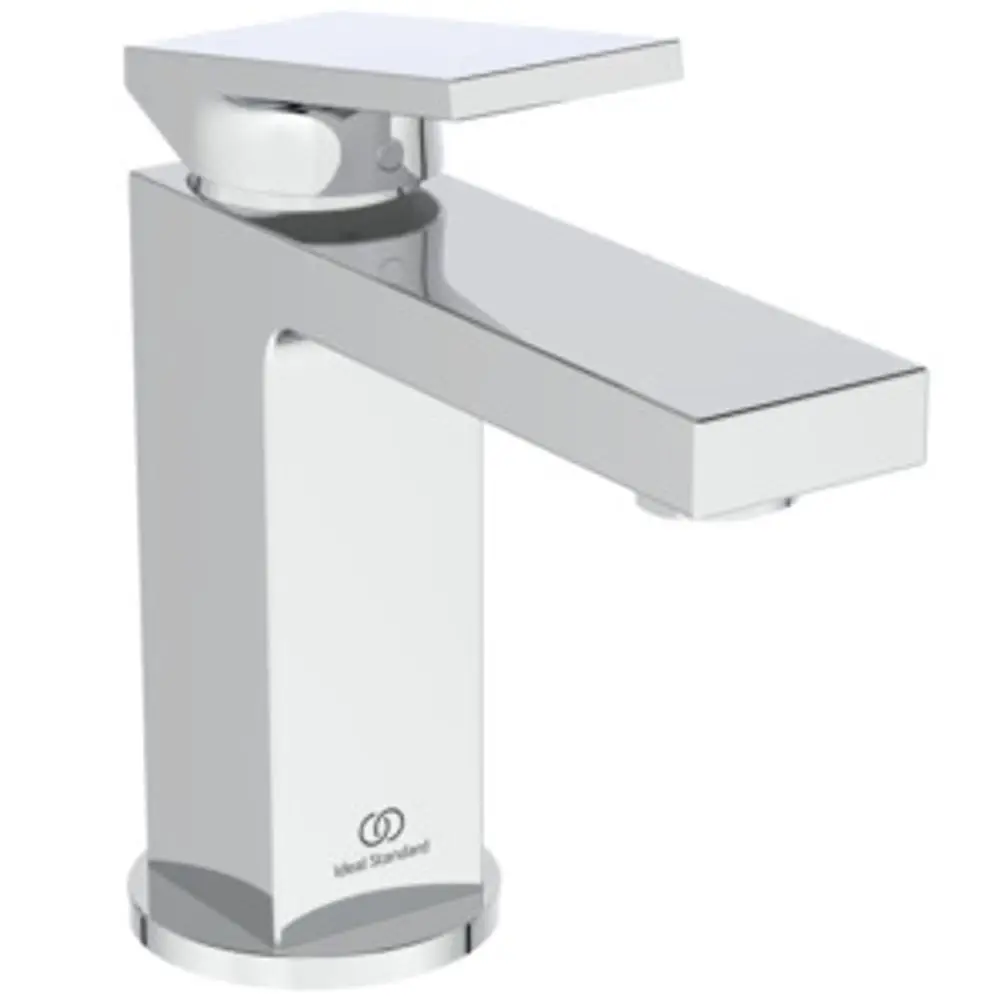 Chromfarbene Waschbeckenarmatur mit quadratischem Design und leichtem Hebel von Ideal Standard, geeignet für moderne Badezimmerausstattung.